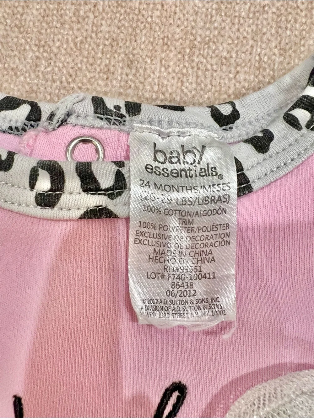 Baby Girl Pink Long Sleeve Bodysuit with Gray Leopard Print Trim Size 24 Months